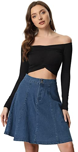 Allegra K Falda De Mezclilla Midi Casual Plisada Acampanada De Cintura Alta para Mujer | Parte trasera elástica, talle alto, longitud por encima de la rodilla, plisado acampanado, estilo Y2K, casual, trabajo