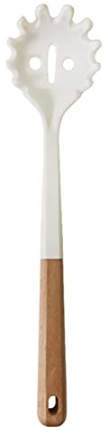 Snplowum 1pcs White Pasta Spoons Silicone Pasta Server with Teeth, Wooden Handle Pasta Fork Kitchen Utensils, Heat Resistant for Noodle Spaghetti Strainer Grab