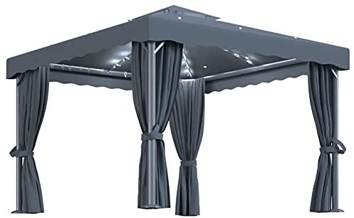 Homgoday Gazebo con Tende e Stringa di Luci LED 3x3 m Antracite, Gazebo da Giardino, Gazebo Ombrellone da Giardino Spiaggia Pesca Esterno Antivento per Arredo Giardino Terrazzo Ambienti