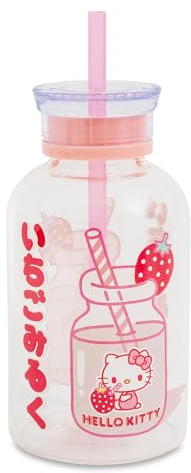 Sanrio Hello Kitty Strawberry Glass Milk Bottle With Straw | Holds 15 Ounces