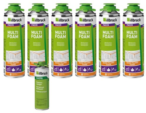 FM220 - Schiuma di montaggio per pistola in schiuma per finestre, isolamento acustico, 500 ml, set combinato (con detergente AA290, 6 x 500 ml)