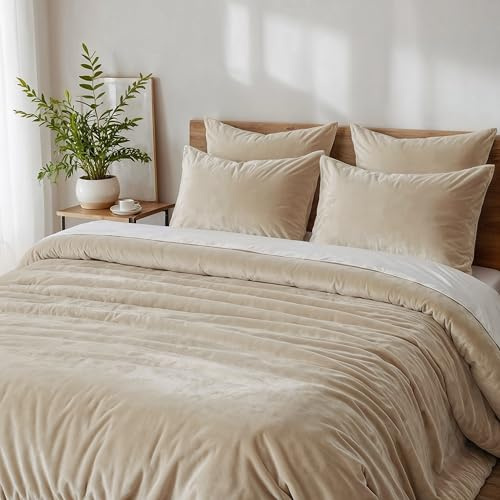 Cozyor Kuschel-Bettwäsche extra dick und weich Plüsch, robuster Reißverschluss 1x Deckenbezug 200x200 cm, 2X Kissenbezug 80x80 cm, 3-teilig, beige Driftwood