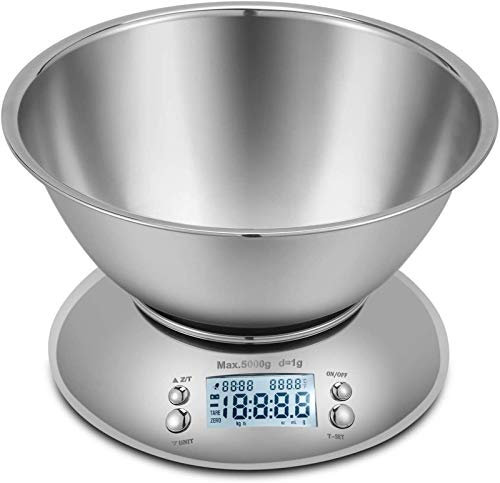 CRBUDY Bilancia Digitale per Alimenti da Cucina, Bilancia Elettronica Multifunzione di precisione Premium con Peso Massimo 5 kg, Ciotola Rimovibile in Acciaio Inossidabile da 2