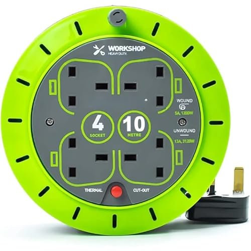 Bargain House 4 Socket Cassette Reel Extension Lead, 13 AMP Thermal Cut Out, Ideal for Garden, Garage, Construction Sites, Outdoor Events and Activities, 10m Green
