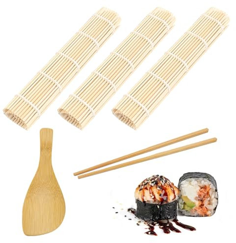Bambus Sushi Matte, 3 Stück Sushi Rollmatte, Natürliche Bambusmatte zum Rollen von Sushi, Kommt mit 1 Reislöffeln und 1 Paar Essstäbchen Geeignet für Anfänger und Profis in der Sushi Zubereitung