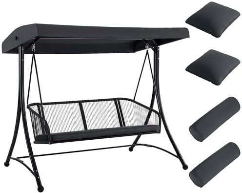 M MCombo Hollywoodschaukel 3-Sitzer, Gartenschaukel mit Verstellbarem Sonnendach, Schaukelbank Outdoor, Gartenliege Wetterfest, Sitzbezug Abwaschbar 8026DEY (Dunkgelgrau)