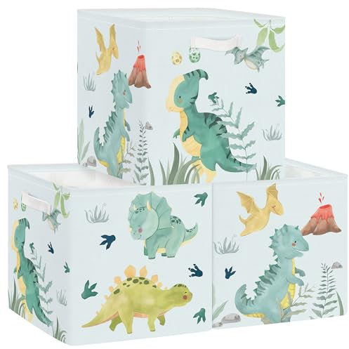 Clastyle Set di 3 Cubi Portaoggetti Ripiegabili Dinosauri Kallax Contenitori Maniglia per Scaffale Scatole Portaoggetti Genitore per Libro Giochi,Vulcani,30x30x30 cm