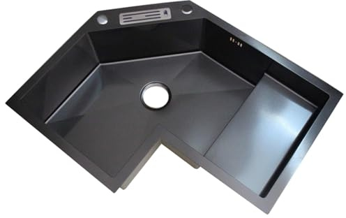 Fregadero esquinero de cocina de acero inoxidable, fregadero de esquina de un solo cuenco, hecho a mano, fregadero individual para cocina, balcón con tubo de drenaje (A)
