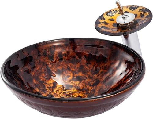 Lan-shop Above Counter Basin, Bathroom Vessel Sink Flames Glass Vessel Sink Bowl Round Counter Top Installation Bathroom Vessel Vanity Sink Art Basin with Brass Waterfall Faucet Chrome Pop Up