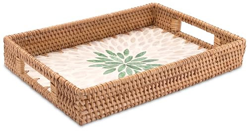Decorasian Vintage Tablett aus Rattan mit Muschel Mosaik – Dekotablett und Serviertablett mit Griff im Boho Stil - Größe 32cm x 22cm