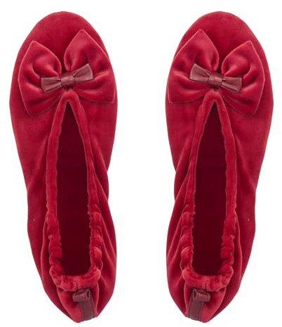 GLOVE STORY Pantuflas Bailarina de Interior para Mujer en Terciopelo con Suela de Cuero Suave - Material Suave y Cómodo - Pantuflas Bailarina Suaves para Mujer - Hechas a Mano (Rojo L)