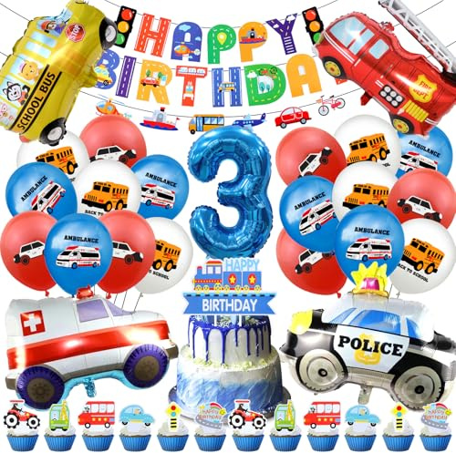 Bilar dekoration barns födelsedag 3 år, bil födelsedagsdekoration ballong 52 st, brandfordon, lastbil, partyballonger, biltema, födelsedagset med banner, tårtdekoration, motorcykel folieballong helium