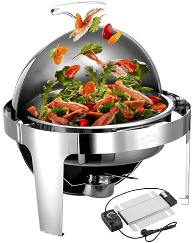 2-in-1 Chafing Dish Buffet Server, 6L Stainless Steel Food Warmer with Heating Plate, Round Chafing Dish/35-85℃ Adjustable Temperature Control, Commercial Chafing Dish Buffet Server