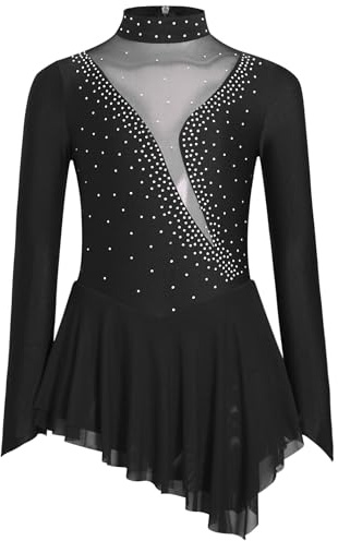 HULIJA Niños Niñas Patinaje Artístico Vestido de Ballet de Manga Larga con Rhinestone Vestido Calabaza Danza Maillot Falda Asimétrica Competición Danza Ropa