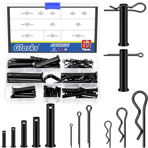 Glarks 67pcs 11 Sizes Clevis Pins with Cotter Pins and R Clips Set, Black, Include 33pcs Link Hinge Pins with 17pcs Key Fastener Fitting and 17pcs R-Clips, Single Hole Flat Head Clevis Pins Kit