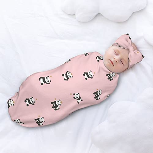 Baby-Pucktuch für Neugeborene, mit Stirnband, rosa niedlicher Panda, Wickeltuch für Kinderzimmer
