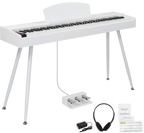 LEADZM Piano Numérique 88 Touches avec Support en Métal, Clavier Piano Entièrement Lesté, Piano Electrique avec 3 Pédales, 2 Systèmes Bluetooth, Adapté aux Débutants (Blanc)