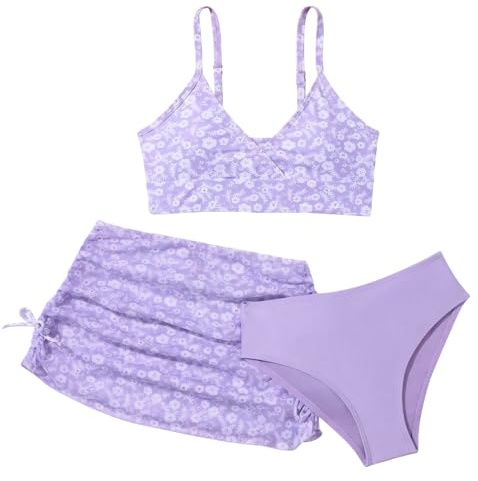 SEAUR Conjunto 3 Piezas Bikini Niña Top Bikini Halter Traje de Baño con Falda Niña Elegante Ropa de Baño Morado 8-9 años