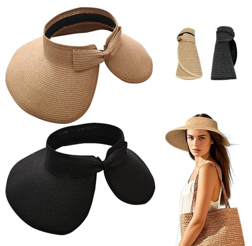 LUFEIS 2PCS Foldable Straw Sun Visor Hats, Wide Brim Sun Hats for Women, Breathable Ponytail Hat, Straw Sun Visors for Women, Foldable Beach Hat (Black+Khaki)