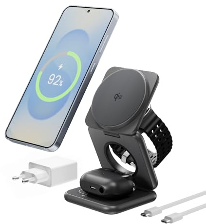 KU XIU Qi2 3-in-1 Wireless Charger for Samsung, 15W Charging Station for Galaxy S25, Z Fold7, Magnetic Foldable Travel Charger stand for Galaxy Watch, for Galaxy Buds(45W Adapter Included)-Black