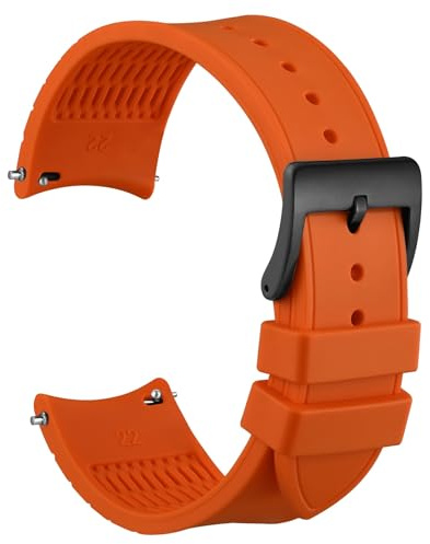 WOCCI Klockarmband, återvinningsbart silikon, böjd ände, ersättningsband för rund urtavla, vinkelbredd 20 mm, 22 mm, Orange (svart spänne), 20mm, Nato