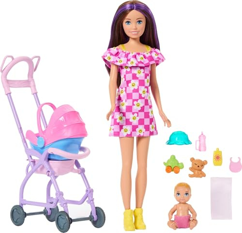 Barbie Skipper Babysitters Inc. Playset with Brunette Doll, Blonde Baby Doll, Stroller with Removable Car Seat & 7 Accessories, JJB42
