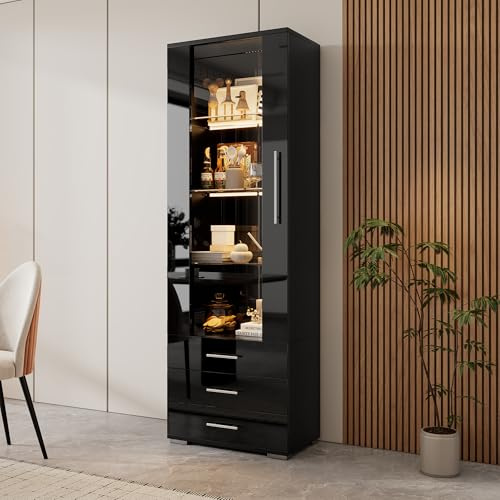 SUKY Hochglanzvitrine, Vitrine Glasvitrine, Standvitrine mit LED-Beleuchtung, Vertikale Vitrine mit 3 Schubladen, 60 x 35 x 180cm (Schwarz)