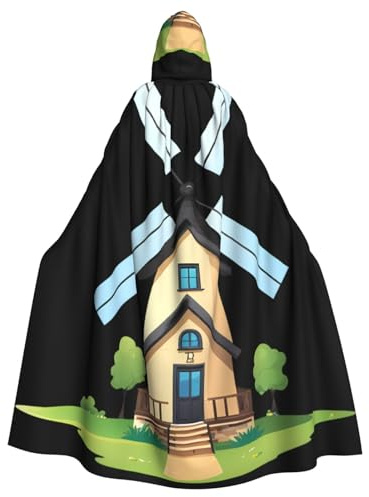 WHJSSF A Small House With Windmill Prints Halloween Adult Hooded Cape Cloak For Role-Playing, Stage Costumes, Parties Easy Care