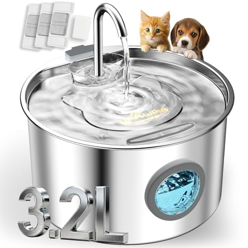 UPAWPIA 3,2L Fontanella per Gatti Acciaiocon con 3 Filtri Fontana Automatica per Gatti Cani da Interno Fontane Ultra Silenziose in Metallo per per Bere Acqua per Accessori per Animali Domestici