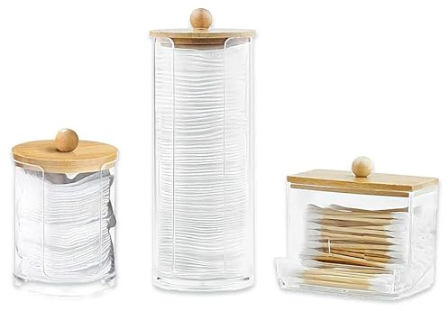 Vrexziy Cotton Pad Holder, 3PCS Cotton Swab Box, Cotton Ball Holder Cotton Pad Cosmetic Storage Box with Bamboo Lid for Vanity Small Qtip Container Makeup Organiser Set