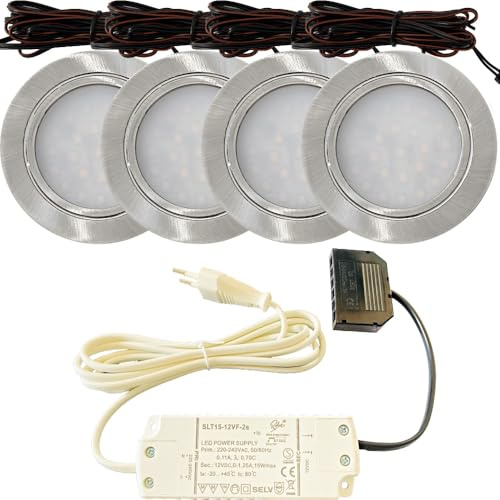 LED Möbel Einbauspots 12V 2,4W – 4er Set Edelstahl-Optik | inkl. Plug-&-Play Trafo, AMP-Verteiler & 230V Zuleitung mit Netzstecker | Neutralweiß 4000K – ultraflach für Schrank, Möbel, Regal & Vitrine