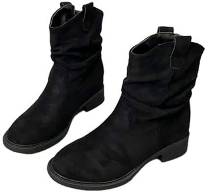 WXDTW Stivaletti da cowgirl da donna, antiscivolo, in pelle scamosciata, tacco basso, a metà polpaccio, per autunno e inverno, casual, stile western, Nero , 36.5 EU