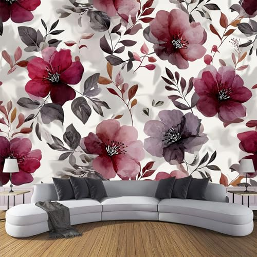 Carta Da Parati Fiori E Foglie Acquerellati, Piante Elegantimurale, 300×210Cm Ristorante Soggiorno Tv Parete Camera Letto Decorazione Della Parete Murali, Rosso Scuro