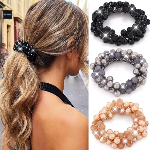 Reaky Perlen-Haargummis, schicke Pferdeschwanzhalter, Strass-Haargummis, dekorative Haaraccessoires für Damen (Champagner + Grau + Schwarz)