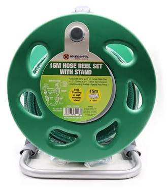 Garden Hose Reel Set with Stand & Wall Mount Bracket Hose Pipe Reel with Pattern Spray Gun Fittings & Tap Adapters Portable Watering Hose for Garden (15M)