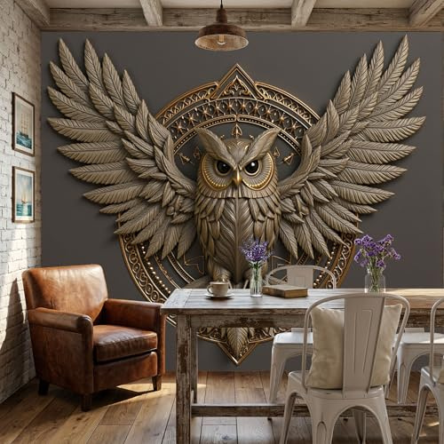 Papel Pintado Panorámico Fotomurales 200X140Cm - Papel Pintado Fotográfico Emblema De Búho Medieval Animal Steampunk 3D Murales Marrón Póster Niños Juvenil Salón Dormitorio Decoración