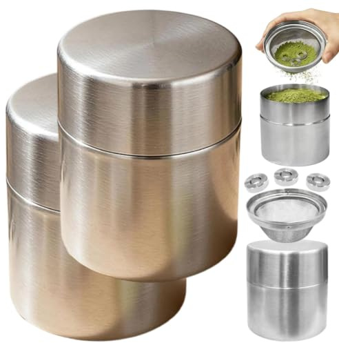 Matcha Powder Sifter and Storage Tin Set, 304 Stainless Steel Matcha Shaker Canister with Agitator Rings and Fine Mesh Sieve, Airtight Tea Container for Matcha, Coffee, Cocoa and Baking Powder