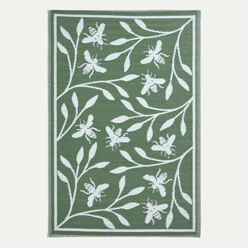 HOMESCAPES Tapis extérieur résistant Pluie et UV, Tapis de Jardin imperméable réversible Vert à Motif Abeille, 182 x 122 cm, Intérieur extérieur terrasse Balcon