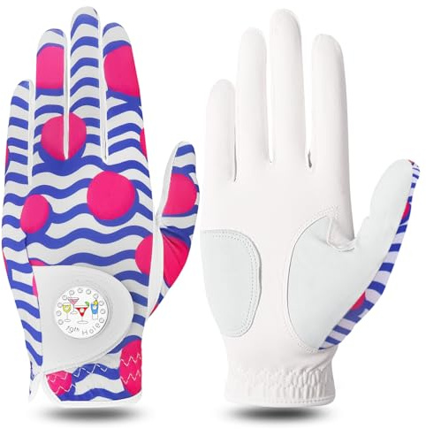 FINGER TEN Golf Gloves Women with Ball Marker 1 Pack | Left Right Hand Available,Pu Leather Colorful Pattern Design, Breathable Flexible Comfort Fit, Stable Durable Swing Grip