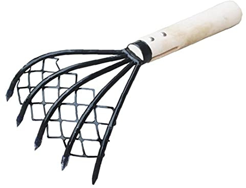Clam Rake with Net 5 Claw Wood Handle Rake Shell Digging Tool Dig Seafood Accessories Weeding Farming Tool Wood Handle Pitchfork