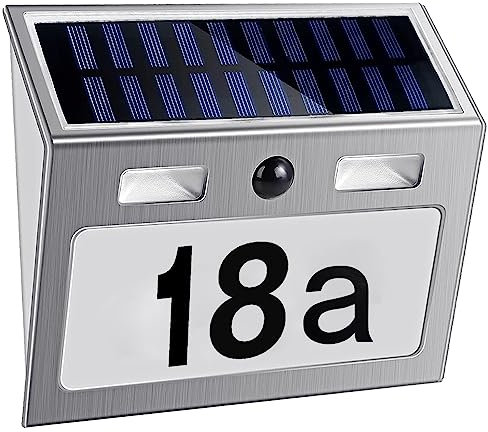 Meision Solarlampen für Außen mit Bewegungsmelder, Solar Beleuchtete Hausnummer mit 7 LEDs, Edelstahl Solarhausnummer IP44 Wasserdicht 120°Beleuchtungswinkel, mit Schalter, Nummern, Buchstaben