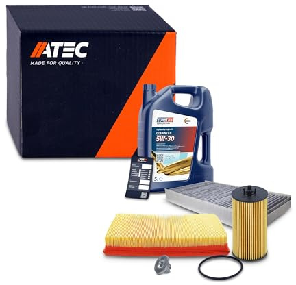 ATEC Germany Inspektionspaket Filterset mit 1x Ölfilter; 1x Luftfilter; 1x Innenraumfilter (Aktivkohle); 1x Ölablassschraube; 1x Motoröl 5W-30 CLEANTEC 5 l, KOMPATIBEL MIT - OPEL COMBO, CORSA C, TIGRA