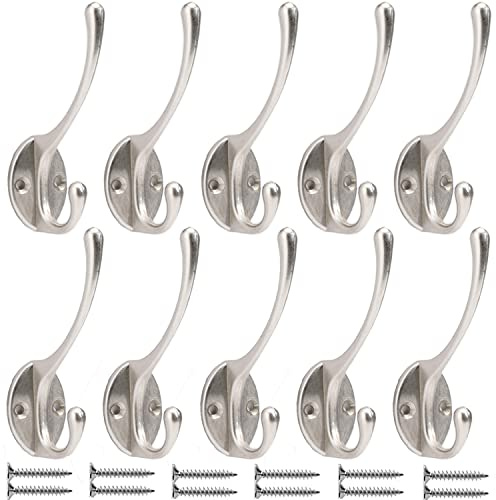 Bosdontek 10 Pack Coat Hooks Wall Mounted, Heavy Duty Coat Hanger Hooks, Matte Silver Clothes Hooks for Wall Hanging, Decorative Robe Clothes Hooks Metal Coat Hooks Hardware for Wall Door & Wardrobe