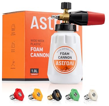 AstroAI Foam Cannon, Heavy Duty Car Foam Blaster Wide Neck Adjustable Snow Foam Lance and Thick Foam for Pressure Washer with 1/4 Quick Connector,1L Bottle & 5 Nozzles
