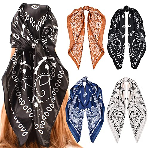 4 Piezas Pañuelos Cabeza Mujer 90cmx90cm, Bandanas Grandes de Satén Cuadrados, Accesorios Para el Cabello, Suave Hijab Foulard