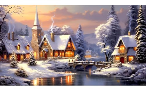 RICUVED Winter Dorf Diamond Painting Erwachsene, 5D Weihnachten Diamant Painting Bilder Erwachsene, DIY Diamond Painting Bilder Xmas Landschaften Diamant Malerei Set für Wanddekoration 40x80cm