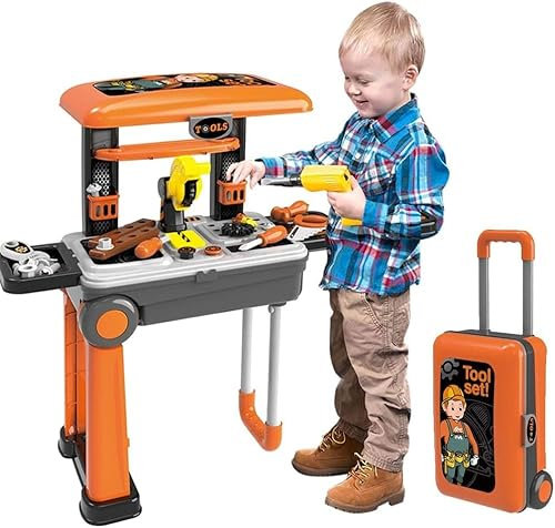 BAKAJI Banco da Lavoro Trolley per Bambini Giocattolo Richiudibile con Sega Circolare e Attrezzi, Officina Gioco Trasformabile in Valigetta Portatile, Giocattoli Fai da Te, Giochi di Simulazione
