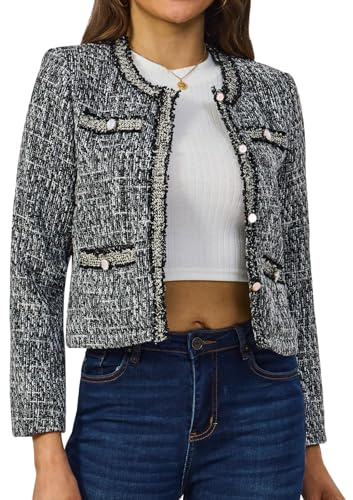 Xaspee Women's Tweed Blazers Cropped Long Sleeve Crewneck Open Front Lace Trim Lightweight Plaid Work Blazer Jackets (Black Grey White, L)