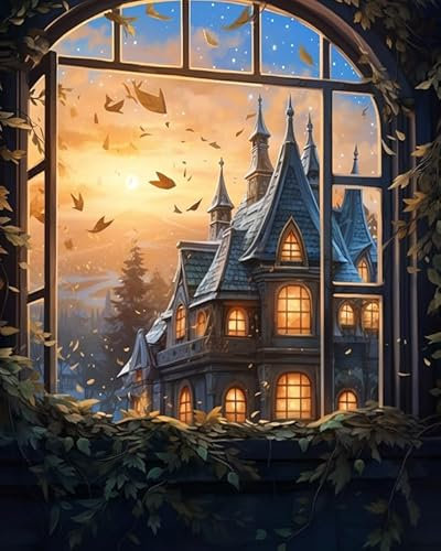 ZMHZMY Malen nach Zahlen Erwachsene,Schloss vor dem Fenster 40 x 50cm DIY Handgemalt Ölgemälde Kits auf Leinwand Geschenk für Weihnachten Geburtstag, Home Haus Deko