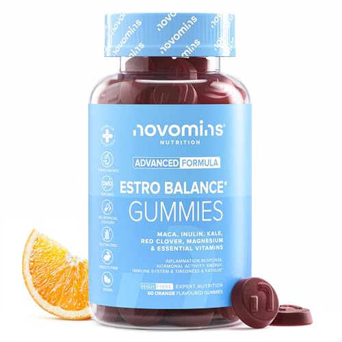 Estro Balance Gummies För Kvinnor, Maca, B6, B12, 60 St, Veganska, Novomins | Med magnesium, maca, munkpeppar, grönkål, inulin samt vitamin B6, B12 och D2, stödjer hormonbalans och energi, veganska
